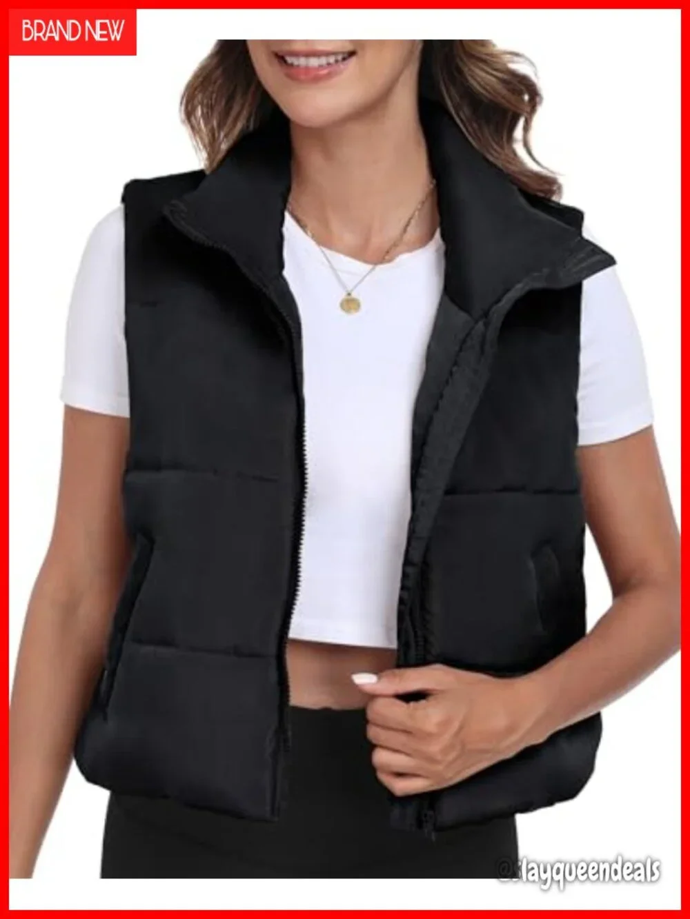 Cropped Puffer Vest Sleeveless Lightweight Insulated Zip Up with Pockets